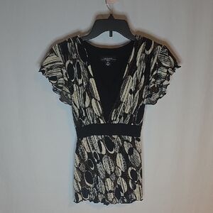 R & M Richards Black, Brown and Cream Patterned Blouse Made In The USA!